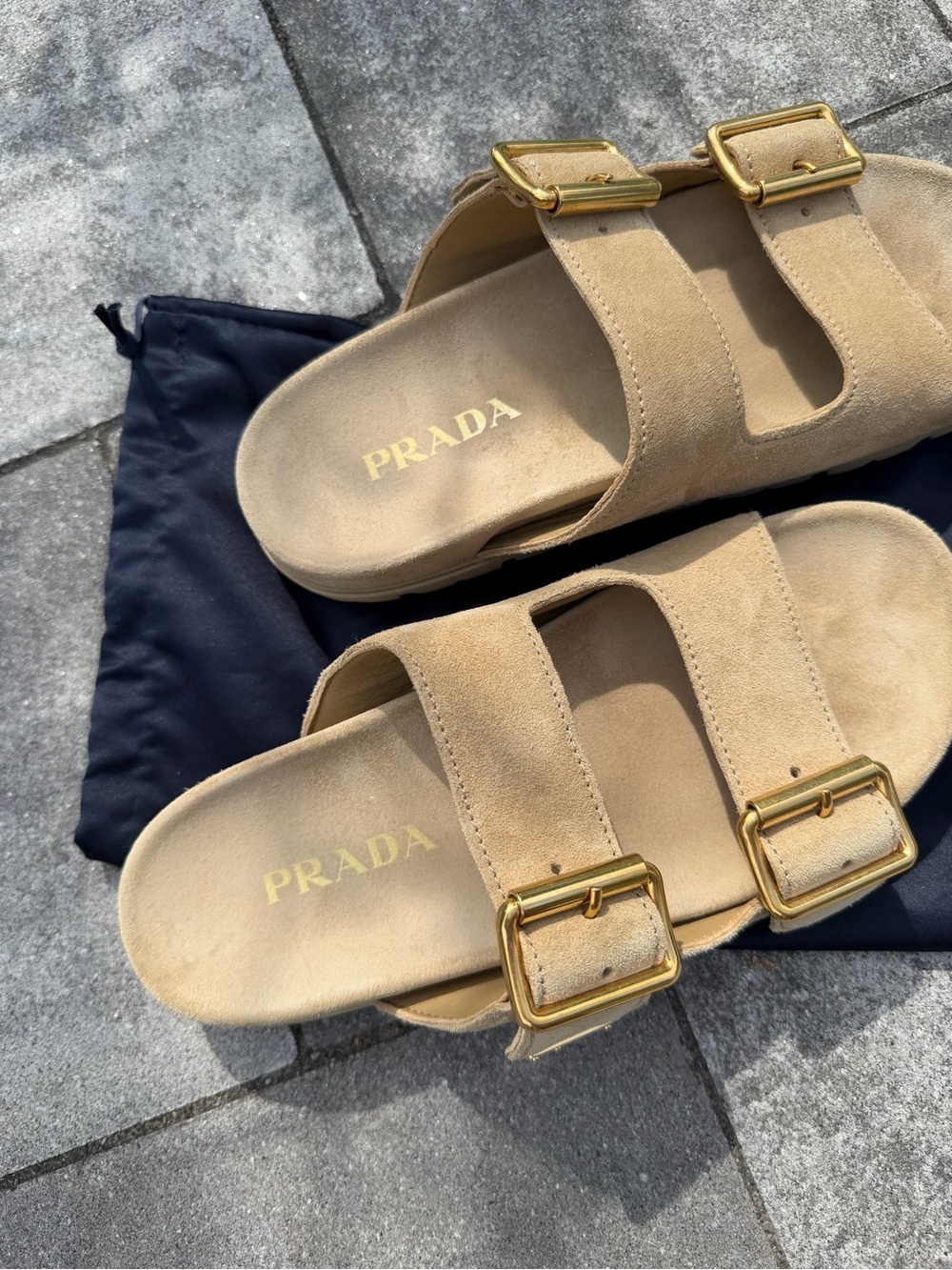 Prada women’s tan Suede Double-Buckle Slide Sandals with Gold Buckles - Picture 3 of 10